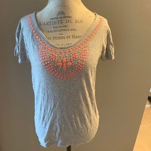 Gray V Neck Tee With Pink Jewels on Neckline